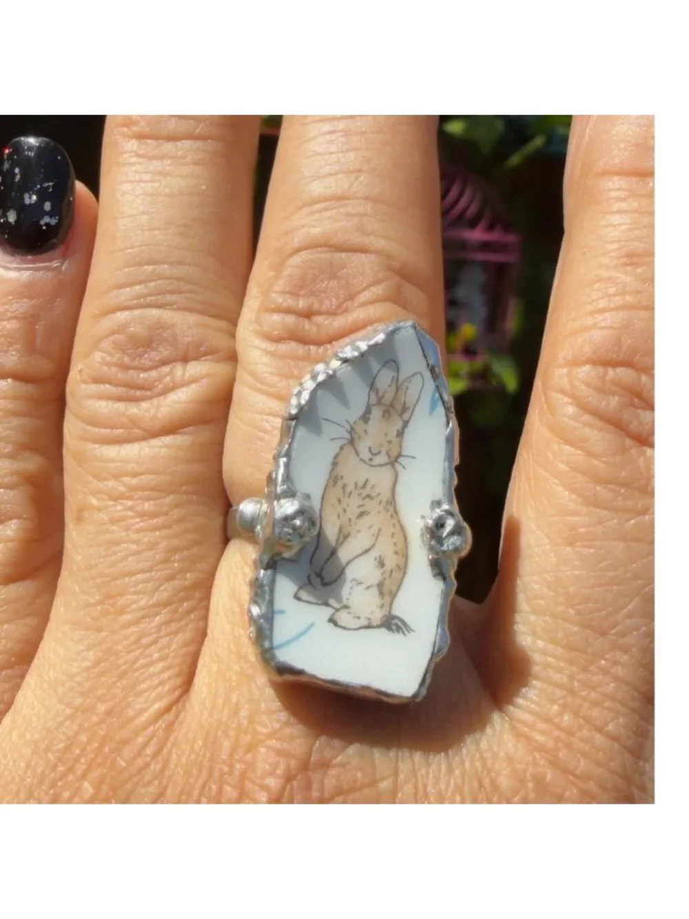 Hand Crafted Peter Rabbit Wedgewood Broken China Ring W/ Silver Spoon Bowl Band - Picture 3 of 15